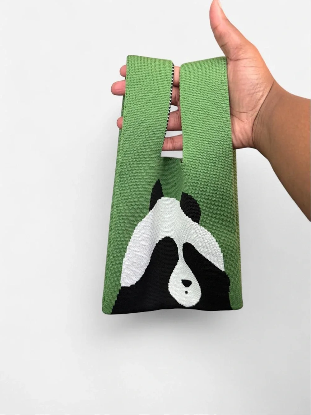Green Panda Knit Tote Bag for Kids